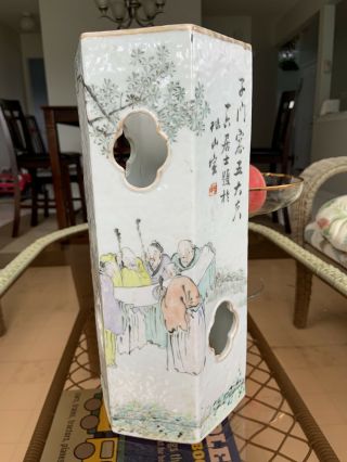 Vintage Chinese Porcelain Cylinder Vase Hand Painted Signed Old Repair
