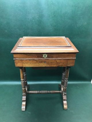 Fine Antique Rosewood Victorian Sewing Stand Turned Legs Drawer