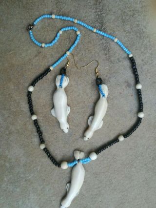 Old Eskimo Yupik Inuit Bering Strait Uelen Work Bead Necklace & Earrings Seals