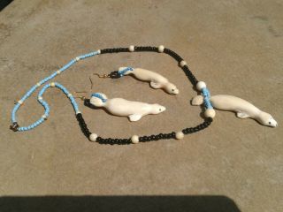 Old Eskimo Yupik Inuit Bering Strait Uelen Work bead necklace & earrings Seals 2