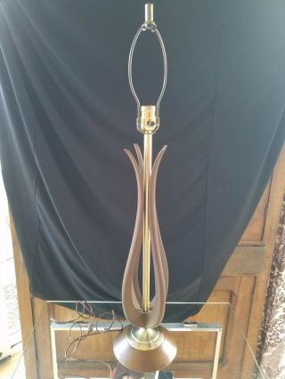 Vtg Mid Century Danish Modern Sculptural Wood And Brass Table Lamp,  Great Style