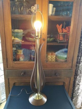 Vtg Mid Century Danish Modern Sculptural Wood and Brass Table Lamp,  Great Style 7