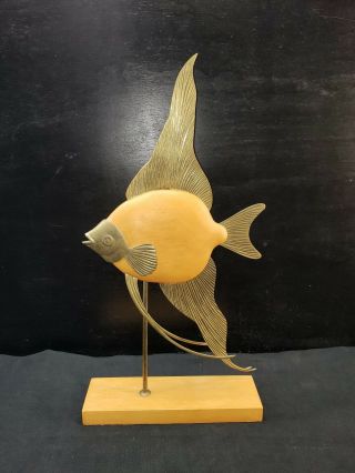 Vintage Mcm Mid Century Modern Frederick Cooper Brass Wood Angel Fish Sculptures