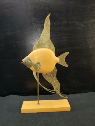 Vintage MCM Mid Century Modern Frederick Cooper Brass Wood Angel Fish Sculptures 2