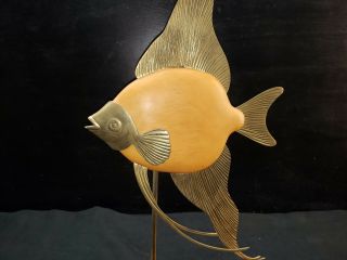 Vintage MCM Mid Century Modern Frederick Cooper Brass Wood Angel Fish Sculptures 6