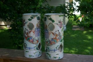 Pair Qing Chinese Porcelain Yongzheng Hat Stands Vases Famille Rose