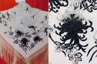Antique Black White Silk Ombre Embroidered Spider Chrysanthemum Piano Shawl Vtg