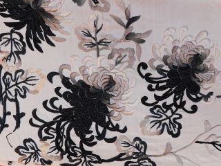 Antique Black White Silk Ombre Embroidered Spider Chrysanthemum Piano Shawl Vtg 5