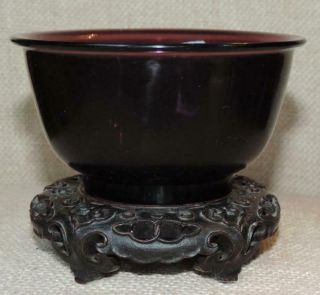 Antique Chinese Dark Purple Peking Glass Old Bowl Good Form On Antique Stand
