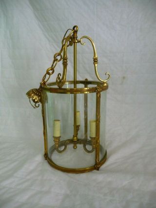 Early Vintage Huge Glass,  Brass 3 Light Hallway Entrance Lantern Country House