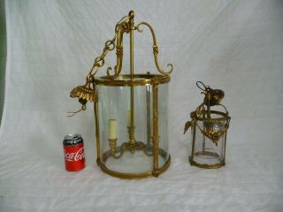 Early Vintage Huge Glass,  Brass 3 Light Hallway Entrance Lantern Country House 2