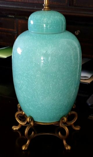 Old Chinese Ginger Jar Lamp Turquoise with white slip decoration Bronze base 10