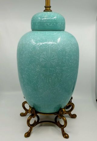 Old Chinese Ginger Jar Lamp Turquoise With White Slip Decoration Bronze Base