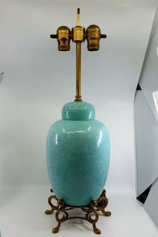 Old Chinese Ginger Jar Lamp Turquoise with white slip decoration Bronze base 2