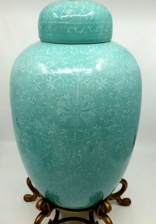 Old Chinese Ginger Jar Lamp Turquoise with white slip decoration Bronze base 3