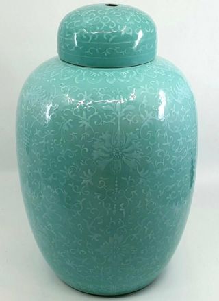 Old Chinese Ginger Jar Lamp Turquoise with white slip decoration Bronze base 5