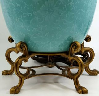 Old Chinese Ginger Jar Lamp Turquoise with white slip decoration Bronze base 8