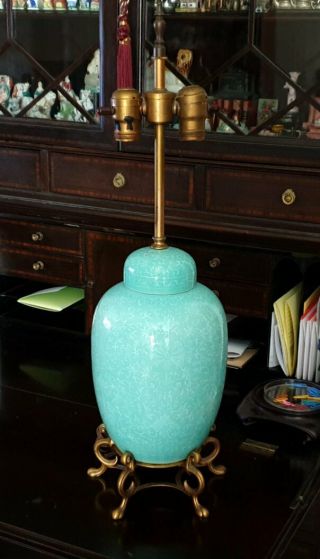 Old Chinese Ginger Jar Lamp Turquoise with white slip decoration Bronze base 9