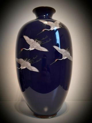 A Monumental Meiji Japanese Cloisonne Cranes Vase 2