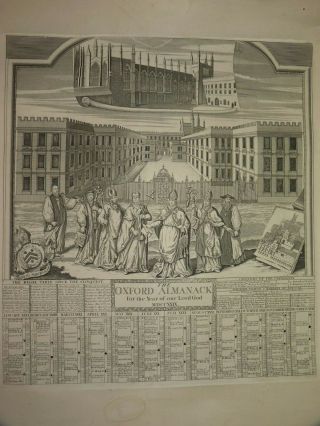 Antique Engraving 1729 Magdalen College The Oxford Almanac Year Of Our Lord God