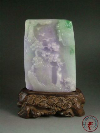 Old Chinese Jadeite Emerald Jade Carved Statue Buddha,  Pine & Mountain W Stand