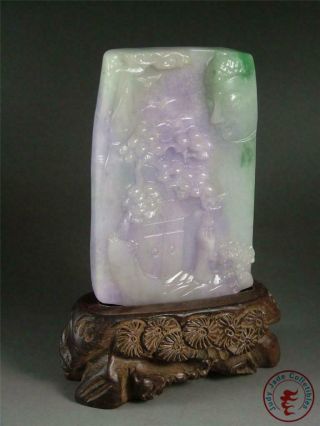 Old Chinese Jadeite Emerald Jade Carved Statue BUDDHA,  PINE & MOUNTAIN w Stand 2