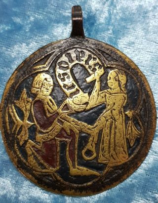 14th.  C.  French Medieval Brass / Bronze & Enamel Horse Pendant.  C.  1350.  Nr
