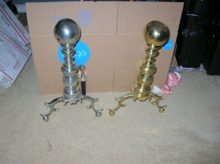 RARE PAIR VIRGINIA METALCRAFTERS NICKEL PLATED BRASS JENKINTOWN ANDIRONS 6