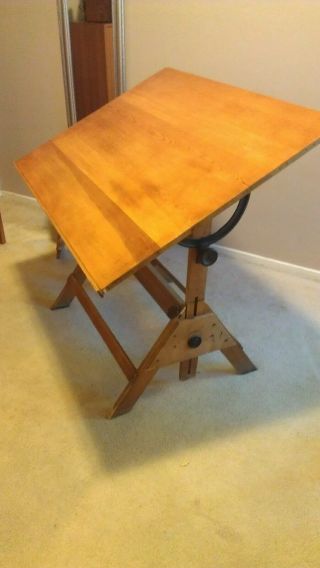 Vintage Wood Saxon Drafting Table W/ Cast Iron Hardware