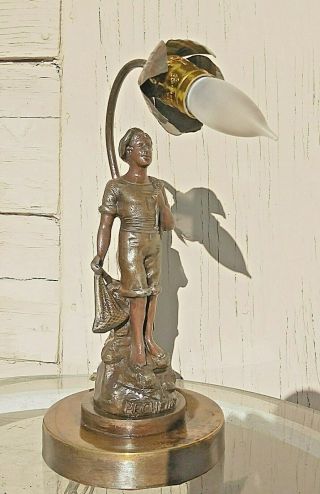 Antique French Art Spelter Figural Old Desk Lamp The Fisherman Pecheur Signed