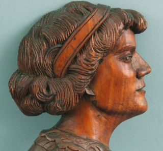 Antique Artist Signed Folk Art Carved Wood,  Portrait Sculpture Young Woman 3