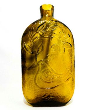 Modernist Vint Olive Green/gold Bottle/flask,  W/embossed Flower & Bird Imagery
