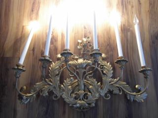 Massive Vtg Italian Florentine 6 Arm Gold Gilt Electric Wall Sconce 33 " Repair