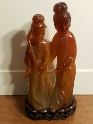 Antique Chinese Hand Carved Stone Figures Fantastic W/stand 7 "