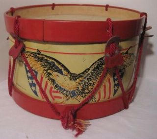 Spectacular Antique Tin Toy Patriotic Drum W Big 12 " Embossed Eagles 1920