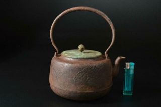 T6660: Japan XF Old Iron Shippo crest sculpture TEA KETTLE Teapot w/copper lid 12