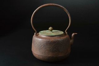T6660: Japan XF Old Iron Shippo crest sculpture TEA KETTLE Teapot w/copper lid 4