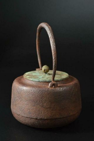 T6660: Japan XF Old Iron Shippo crest sculpture TEA KETTLE Teapot w/copper lid 6