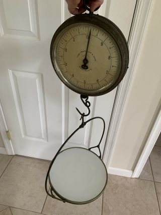 Antique JOHN CHATILLON & SONS Country Store Hanging Weight Scale w Porcelain Pan 10