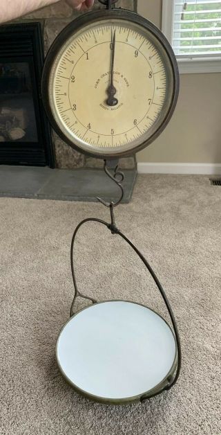 Antique JOHN CHATILLON & SONS Country Store Hanging Weight Scale w Porcelain Pan 6