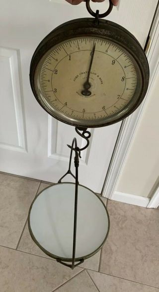 Antique JOHN CHATILLON & SONS Country Store Hanging Weight Scale w Porcelain Pan 7