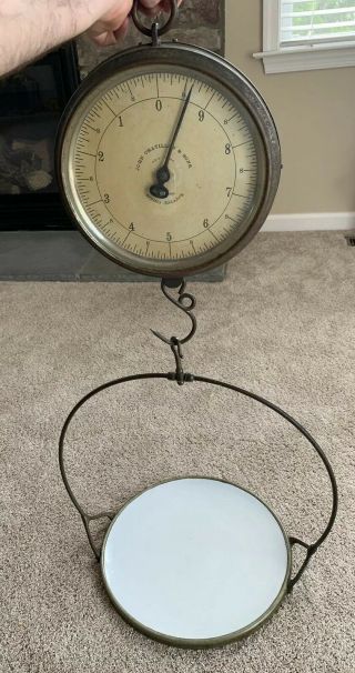 Antique JOHN CHATILLON & SONS Country Store Hanging Weight Scale w Porcelain Pan 8