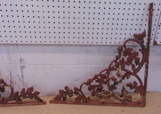 Architectural Large Vintage Cast Iron Ornate Shelf Brackets Oak Leaf Acorn - Pair 3