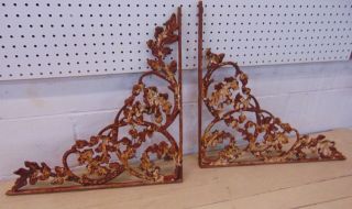 Architectural Large Vintage Cast Iron Ornate Shelf Brackets Oak Leaf Acorn - Pair 5