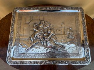 Unusual Antique Spanish Sterling Silver 916 Repousse Tray With Image
