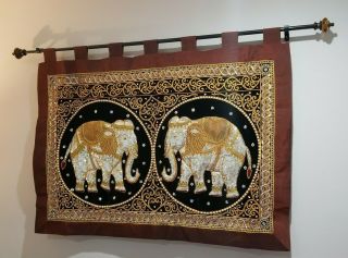 vintage THAILAND wall hanging,  ELEPHANT,  sequins,  velvet,  embroidery 97 