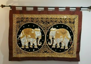 Vintage Thailand Wall Hanging,  Elephant,  Sequins,  Velvet,  Embroidery 97 " X 52 "