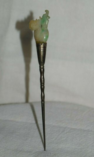 Chinese Antique Dental Toothpick Carved Jade & Sterling Silver Rooster Ji Luck