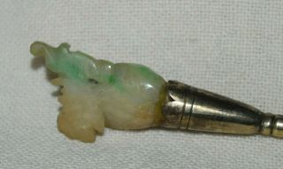 Chinese Antique Dental Toothpick Carved Jade & Sterling Silver Rooster Ji Luck 2