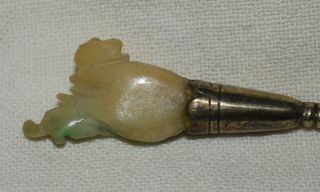 Chinese Antique Dental Toothpick Carved Jade & Sterling Silver Rooster Ji Luck 4